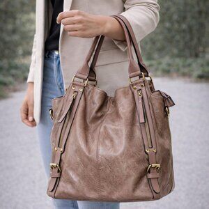 NWOT Soft Brown Faux Leather Tri-Fold Tote Shoulder Bag Gold Hardware